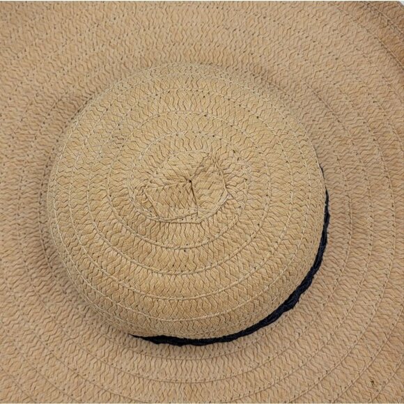 Women's Floppy Wide Brim Straw Summer Hat Tan & Navy - Picture 5 of 10
